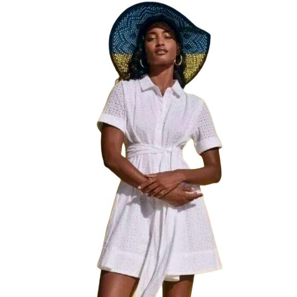 NWT Lisa Marie Fernandez White Eyelet Collar Button Cuff Short Sleeve Tie Dress - Picture 1 of 16